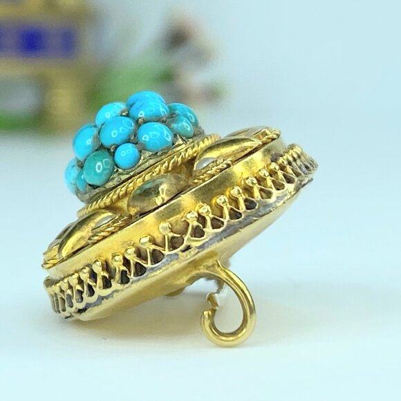 Antique 14k Victorian natural green/blue Turquoise Split Pearl Dome pin JR9968 - Picture 3 of 7